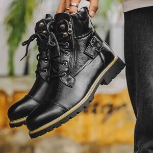 NWT Men's Black Double Zipper Lace-Up Combat Biker Boots